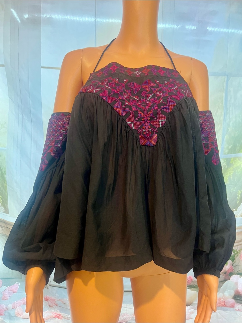 Free People Black Off-Shoulder Top with Magenta Embroidery - Picture 2 of 6